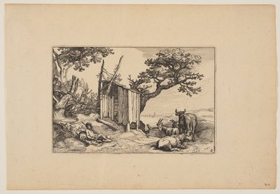 Verfallene Scheune mit Herde und Vieh, aus Landschaften (Verscheyden aerdige Lanthuysen...) von Claes Jansz. Visscher