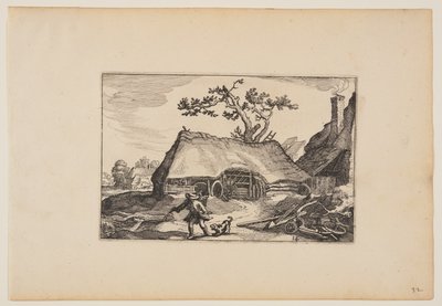 Bauernhof mit Schuppen für einen Wagen, Mann mit bellendem Hund, aus Landschaften von Claes Jansz. Visscher