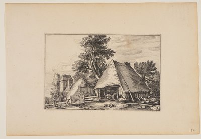 Bauernhof mit Schuppen für einen Wagen, aus Landschaften (Verscheyden aerdige Lanthuysen...) von Claes Jansz. Visscher