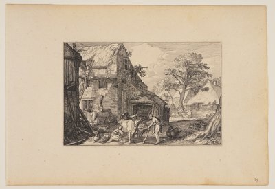 Bauernhof, mit dem verlorenen Sohn unter den Schweinen, aus Landschaften von Claes Jansz. Visscher