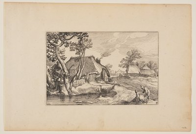 Alter Mann und Frau ruhen an einem Teich, aus Landschaften (Verscheyden aerdige Lanthuysen...) von Claes Jansz. Visscher