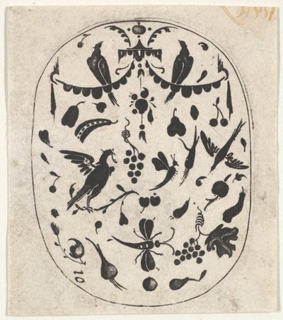 Ovaler Blackwork-Druck mit Vögeln, Insekten und Früchten, ca. 1620 von Claes Jansz Visscher