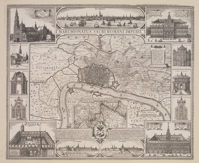 Plan von Antwerpen mit Ansicht der Stadt und der wichtigsten Gebäude von Claes Jansz. Visscher