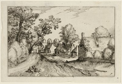 Ein Dorfweg, Platte sieben nach Bilder von Bauernhöfen, Landhäusern und rustikalen Dörfern (Praediorum villarum et rusticarum casularum icones) von Claes Jansz. Visscher II