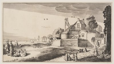 Bleichfeld vor einer Festung an einem Fluss, aus Landschaften (Playsante Lantschappen) von Claes Jansz. Visscher II