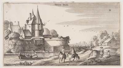 Landstraße entlang eines Dorfes mit einem Bollwerk, aus Landschaften (Playsante Lantschappen) von Claes Jansz. Visscher II