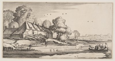 Entenjagd von einem Ruderboot in der Nähe eines Bauernhofs, aus Landschaften (Playsante Lantschappen) von Claes Jansz. Visscher II