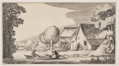 Bauer und Bäuerin in einem Ruderboot, aus Landschaften (Playsante Lantschappen) von Claes Jansz. Visscher II
