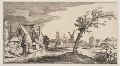 Haus an einem Teich außerhalb einer Stadt, aus Landschaften (Playsante Lantschappen) von Claes Jansz. Visscher II