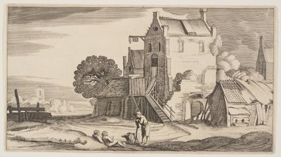 Drei Figuren im Gespräch in der Nähe eines Gasthauses, aus Landschaften (Playsante Lantschappen) von Claes Jansz. Visscher II