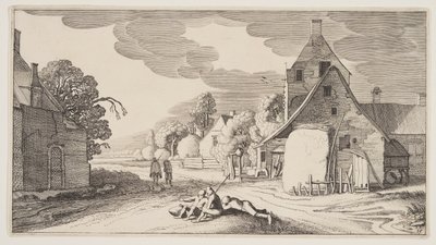 Drei Bauern ruhen an einer Kreuzung in einem Dorf, aus Landschaften (Playsante Lantschappen) von Claes Jansz. Visscher II