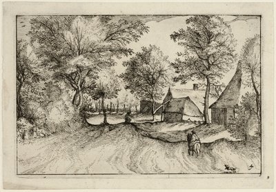 Dorfstraße, Platte vier nach Bilder von Bauernhöfen, Landhäusern und rustikalen Dörfern (Praediorum villarum et rusticarum casularum icones) von Claes Jansz. Visscher II