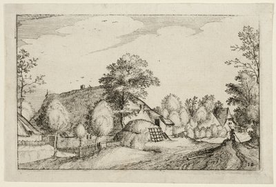 Dorfstraße, Platte zwölf nach Bilder von Bauernhöfen, Landhäusern und rustikalen Dörfern (Praediorum villarum et rusticarum casularum icones) von Claes Jansz. Visscher II