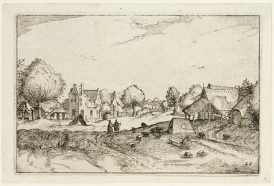 Dorfstraße, Platte zwanzig nach Bilder von Bauernhöfen, Landhäusern und rustikalen Dörfern (Praediorum villarum et rusticarum casularum icones) von Claes Jansz. Visscher II