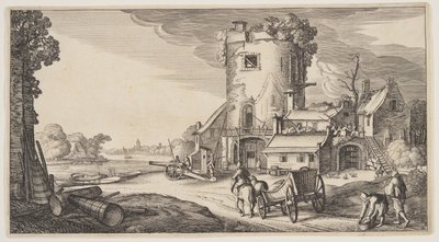 Wachturm an einem Fluss, aus Landschaften (Playsante Lantschappen) von Claes Jansz. Visscher II