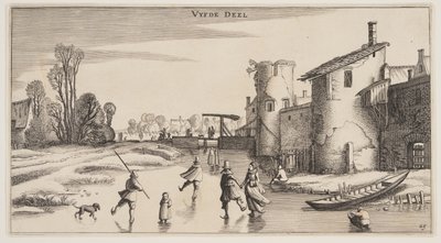 Winterlandschaft mit Schlittschuhläufern entlang einer Stadtmauer, aus Landschaften (Playsante Lantschappen) von Claes Jansz. Visscher II