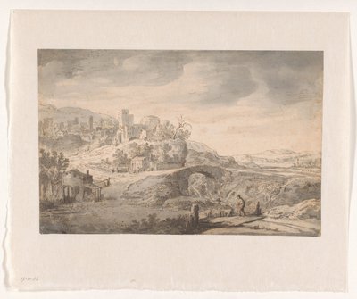 Landschaft mit Stadt auf einem Hügel und einem Hirten von Claes Moeyaert (possibly)