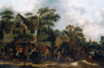 Bauern tanzen und feiern in einer Dorfstraße von Claes Molenaer