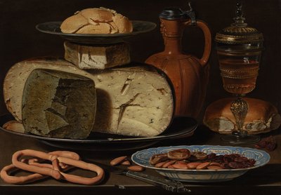 Stillleben mit Käse, Mandeln und Brezeln, um 1615 von Charlotte Evans
