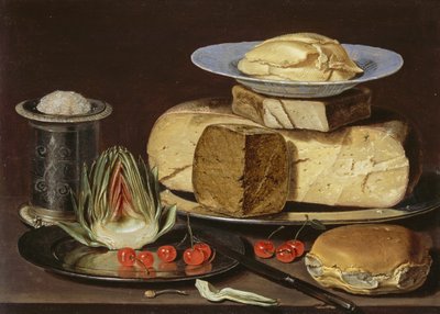 Stillleben mit Käse, Artischocke und Kirschen, ca. 1625 von Charlotte Evans