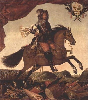 Reiterporträt eines Generals, Trophäe von Waffen im Vordergrund und Kavallerie dahinter von Claude Deruet