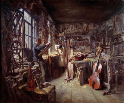 Ein Restaurator in seiner Werkstatt voller Instrumente von Claude Firmin