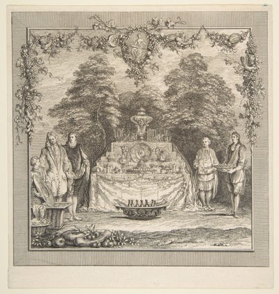 La Colation preparee dans un jardin von Claude Gillot, Jacques Gabriel Huquier
