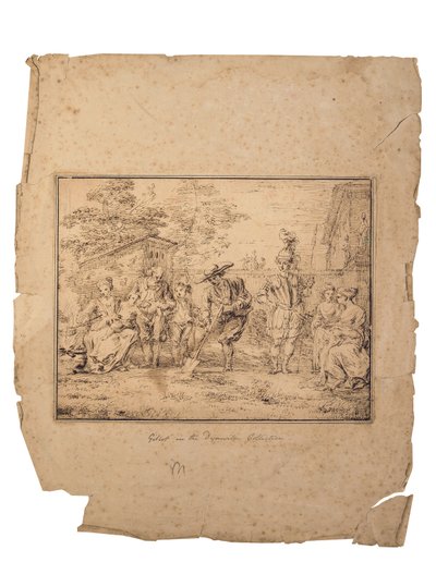 Die vier Lebensalter: Sieben Figuren in einem Garten, eine gräbt mit einem Spaten von Claude Gillot