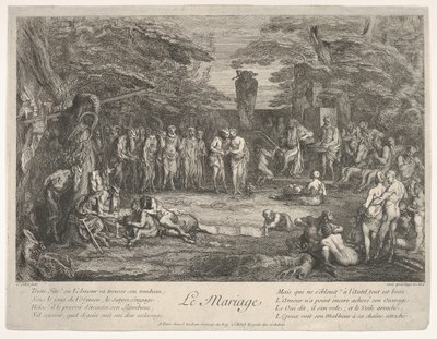 Die Hochzeit: In einem Wald heiratet ein alter Satyr die Verlobte (ca. 1700-1720) von Claude Gillot