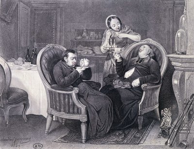 Nach dem Essen: Zwei Priester trinken Kaffee und Verdauungsschnaps, serviert von ihrer Magd von Claude Jacquand