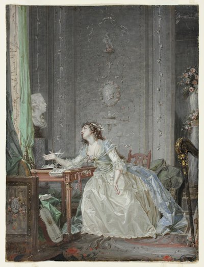 Innenraum mit Porträt einer jungen Dame vor einer Büste von Claude Jean Baptiste Hoin