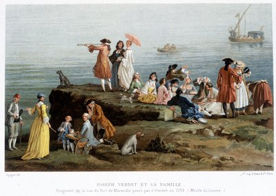 Joseph Vernet und seine Familie - Reproduktion des 19. Jahrhunderts eines Fragments der Ansicht des Hafens von Marseille, gemalt von Vernet 1753 (Louvre Museum) von Claude Joseph (after) Vernet