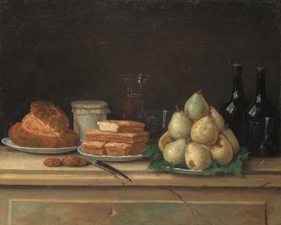Birnen und Brot auf Tellern, mit Weinflaschen und Gläsern auf einem Steinsims von Claude Joseph Fraichot