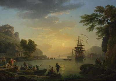 Eine Landschaft bei Sonnenuntergang mit Fischern, die mit ihrem Fang zurückkehren, 1773 von Claude Joseph Vernet