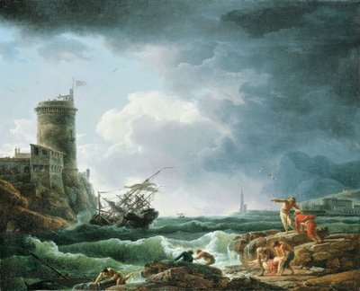 Ein Sturm mit Schiffbruch bei einer Festung, ein Schiffbrüchiger im Vordergrund, 1769 von Claude Joseph Vernet