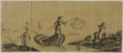 Chinoiserie mit Mann, der vom Boot aus fischt, Frau und Kind stehen am Ufer von Claude Joseph Vernet