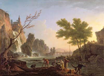 Fischer in einer Landschaft mit Wasserfall und Brücke von Claude Joseph Vernet