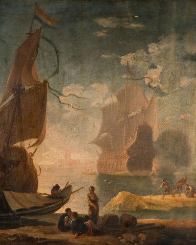 Hafenszene mit Kriegsschiff und Figuren auf einem Kai, 1825 von Claude Joseph Vernet