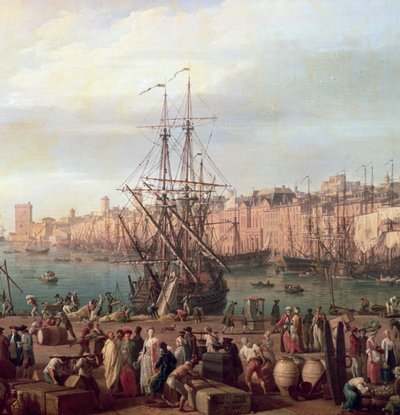 Morgendlicher Blick auf den inneren Hafen von Marseille und den Pavillon der Horloge du Parc, 1754 (Detail) von Claude Joseph Vernet