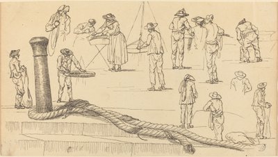 Kai-Figuren und ein Seil, das an einem Poller befestigt ist von Claude Joseph Vernet