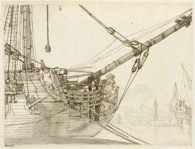 Studie eines Kriegsschiffbugs mit britischen Kriegsschiffen und Hafen von Neapel im Hintergrund von Claude Joseph Vernet