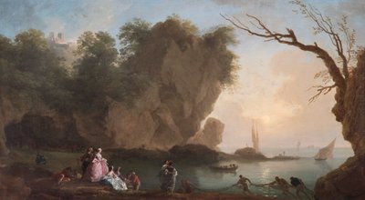 Sonnenuntergang: Blick über eine Bucht mit Figuren von Claude Joseph Vernet