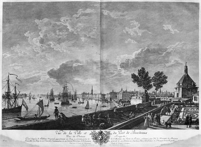 Blick auf die Stadt und den Hafen von Bordeaux vom Château Trompette aus, Serie "Les Ports de France", graviert von Charles Nicolas Cochin dem Jüngeren von Claude Joseph Vernet