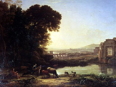 Rinder und Ziegen trinken bei einer Ruine von Claude Lorrain