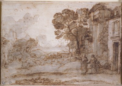 Landschaft mit Abraham, der Hagar und Ismael vertreibt, um 1665-67 (Feder und Tinte und Waschung über Kreide auf Papier) von Claude Lorrain
