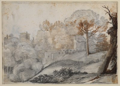 Landschaft mit Bäumen und Gebäuden von Claude Lorrain