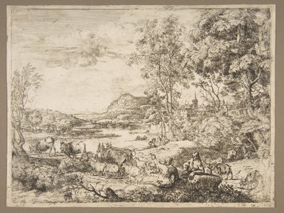 Hirte und Hirtin im Gespräch in einer Landschaft, ca. 1651 von Claude Lorrain