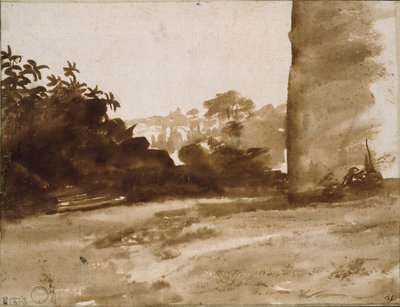 Ansicht von Sträuchern mit einer Mauer rechts, ca. 1640 von Claude Lorrain