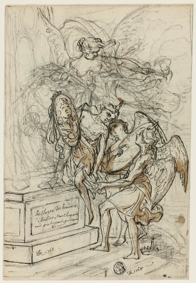 Allegorie zu Ehren von König Stanislas Leczynski (recto); Skizze eines stehenden Mannes mit ausgebreiteten Armen (verso) von Claude Louis Desrais