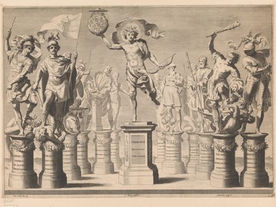 Allegorie zu Ehren des Hauses Savoyen mit legendären Figuren auf Sockeln von Claude Mellan